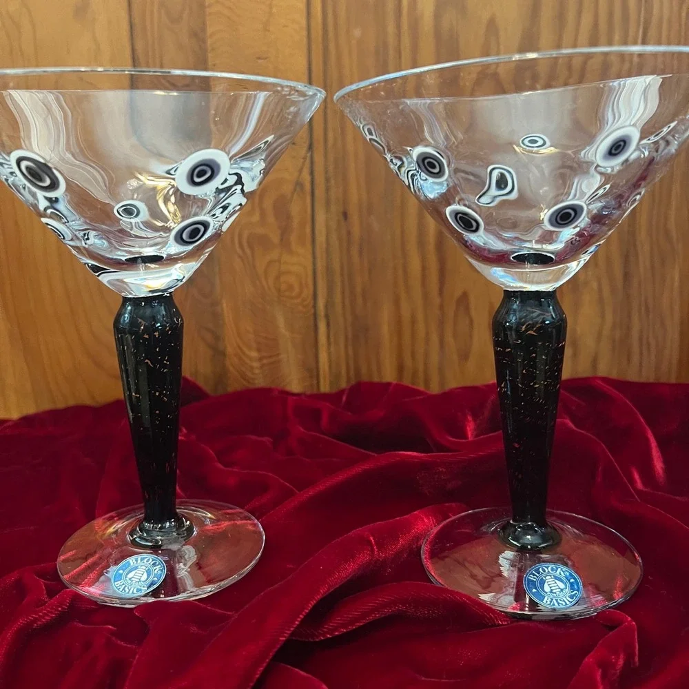 Murano Millefiori Hand Blown Martini Glasses Black White Murrine‎ Stem